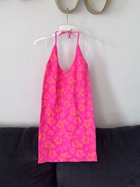 Bright Pink Floral Print Tie-Around Neck Halter Dress